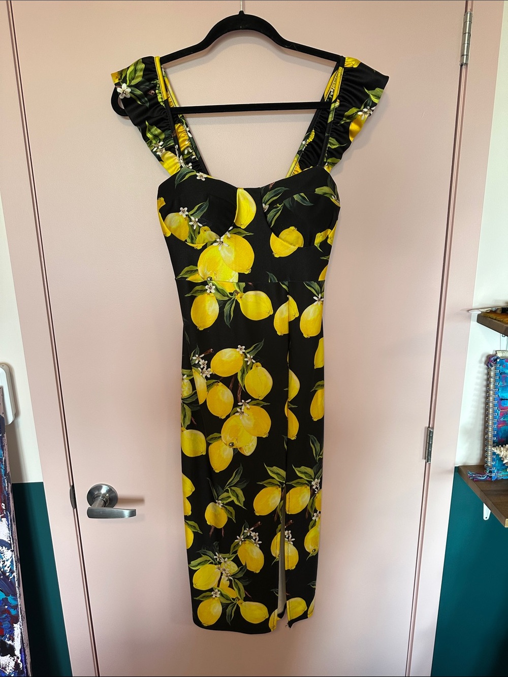 Yellow Lemon Print Black Midi Dress Médium